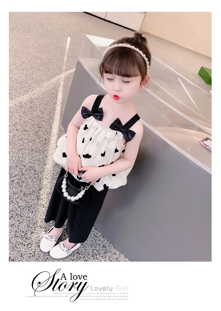 2 Pieces Set Baby Kid Girls Color-blocking Love heart Print Tank Tops And Solid Color Pants