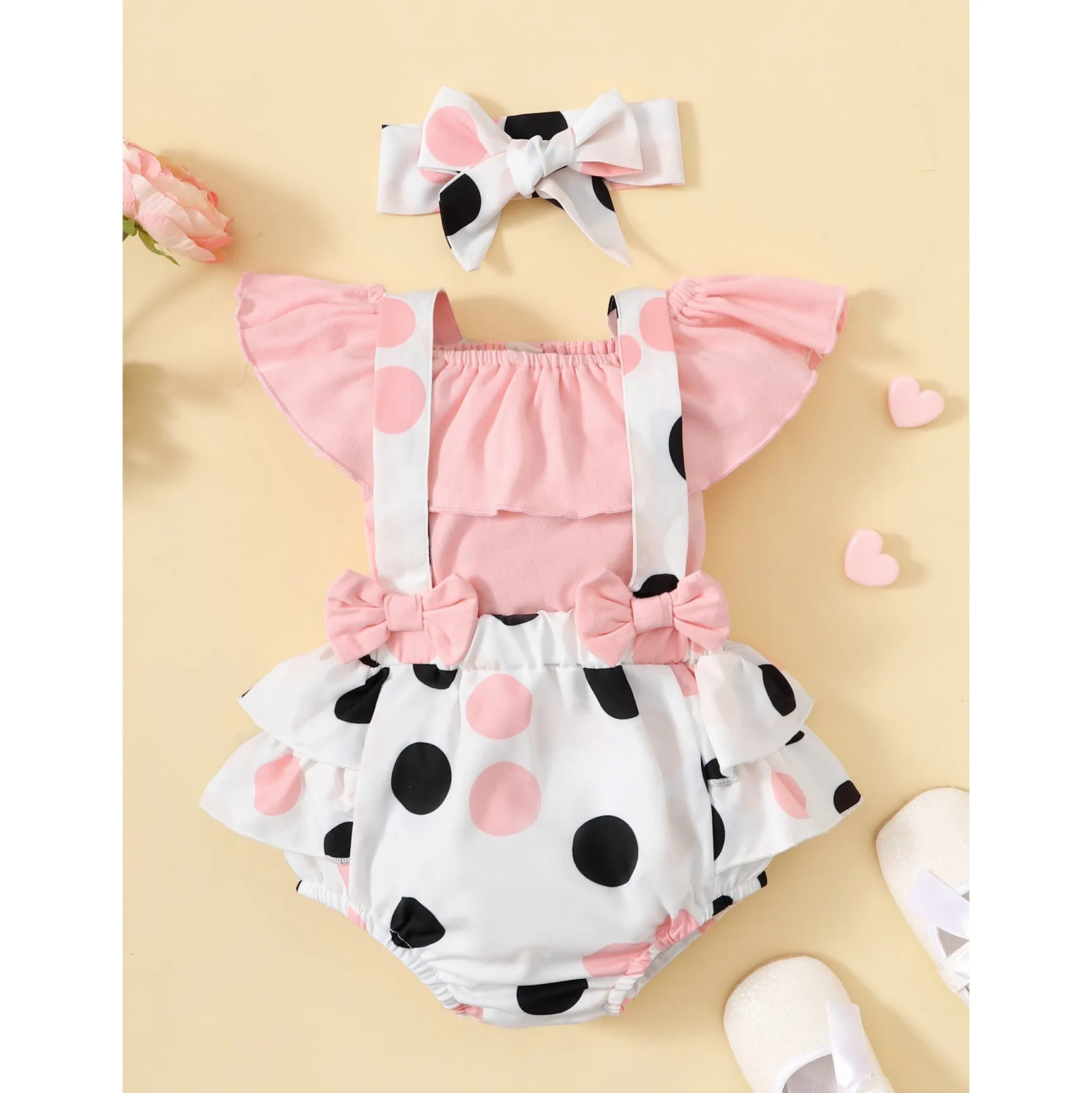 3 Pieces Set Baby Girls Solid Color Tops Polka dots Rompers And Bow Headwear
