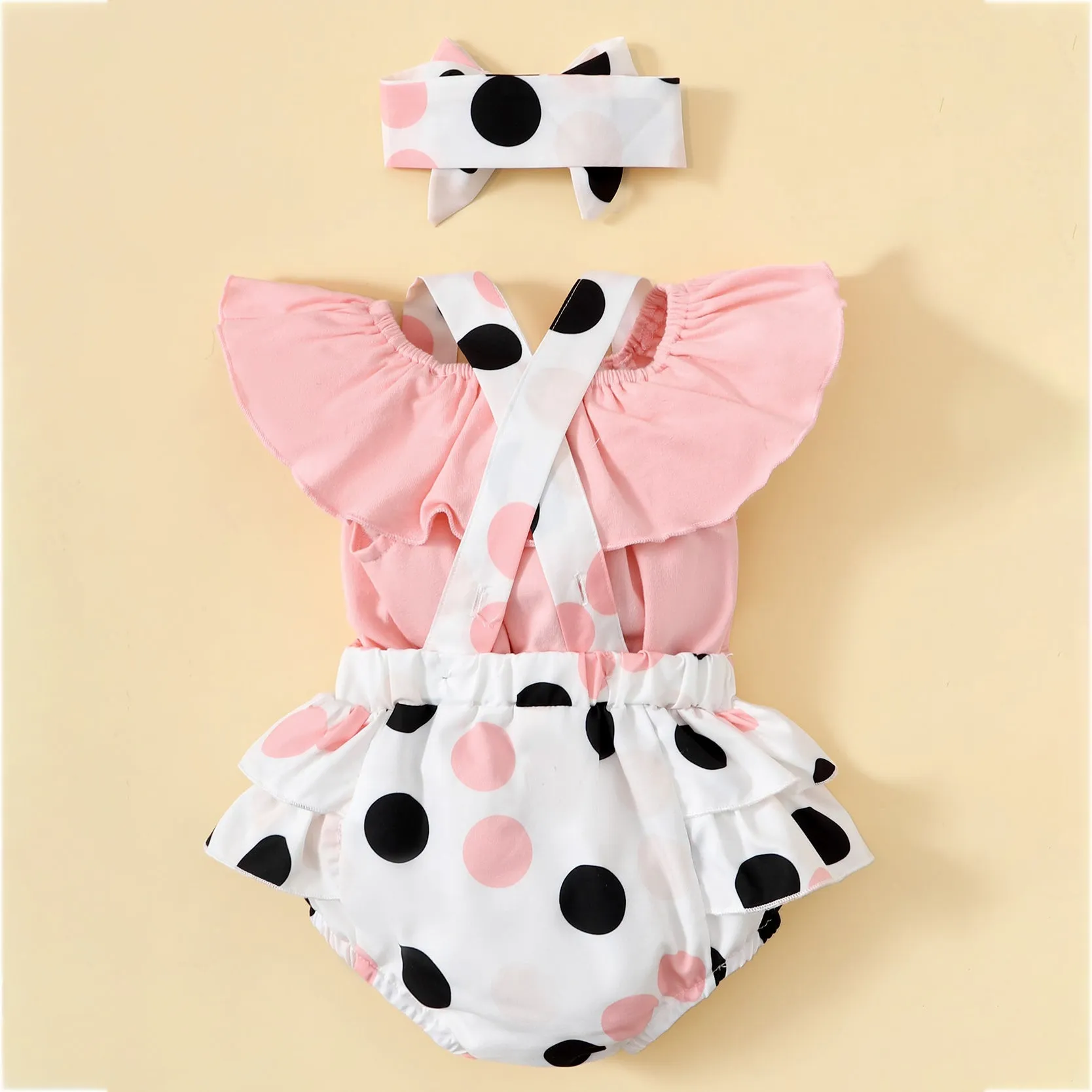 3 Pieces Set Baby Girls Solid Color Tops Polka dots Rompers And Bow Headwear