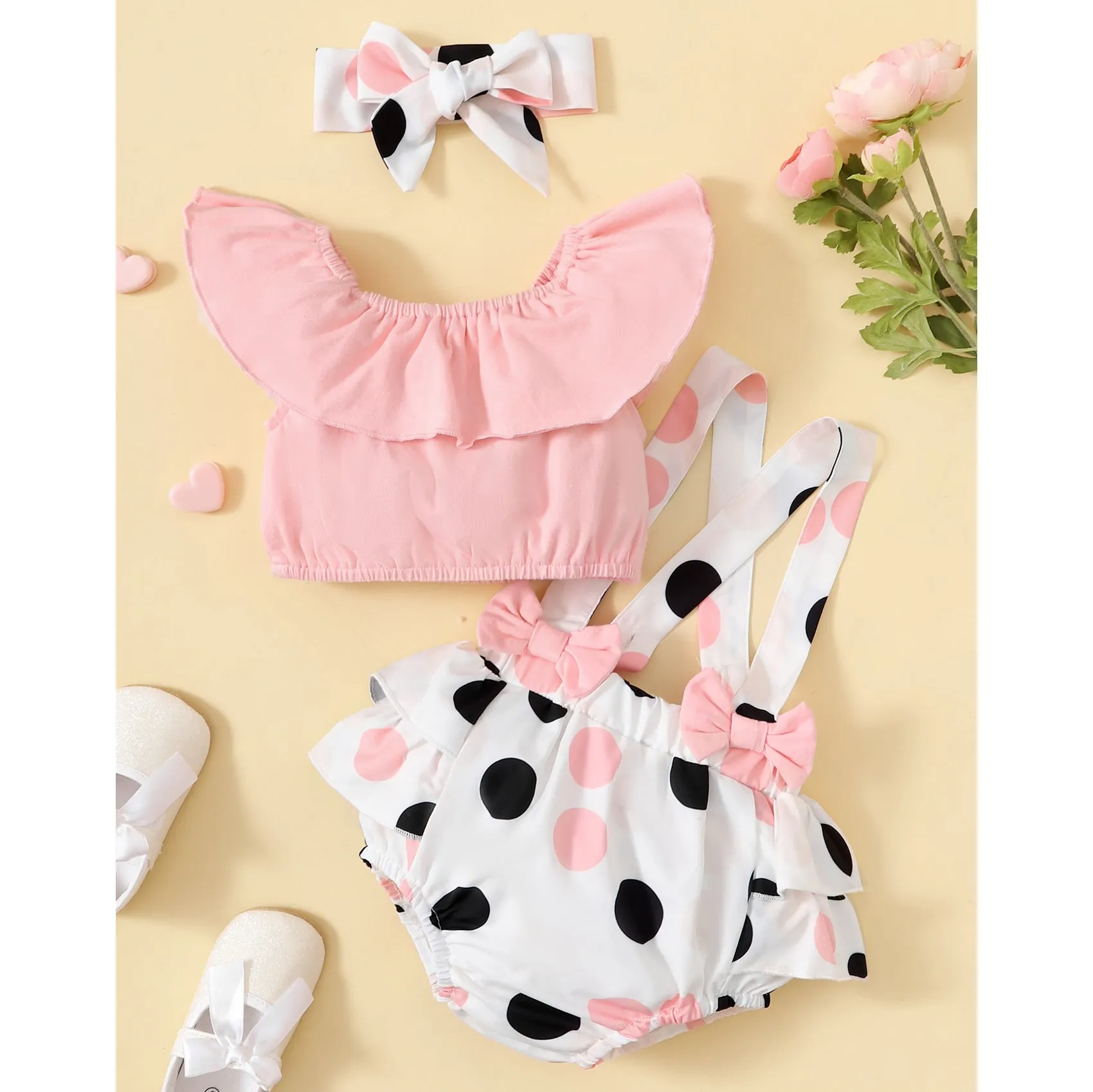 3 Pieces Set Baby Girls Solid Color Tops Polka dots Rompers And Bow Headwear