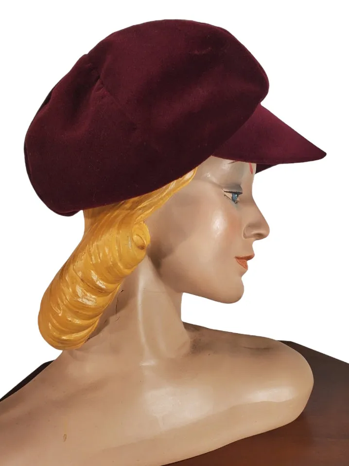 60s Burgundy Velvet Casquette or Gatsby Hat