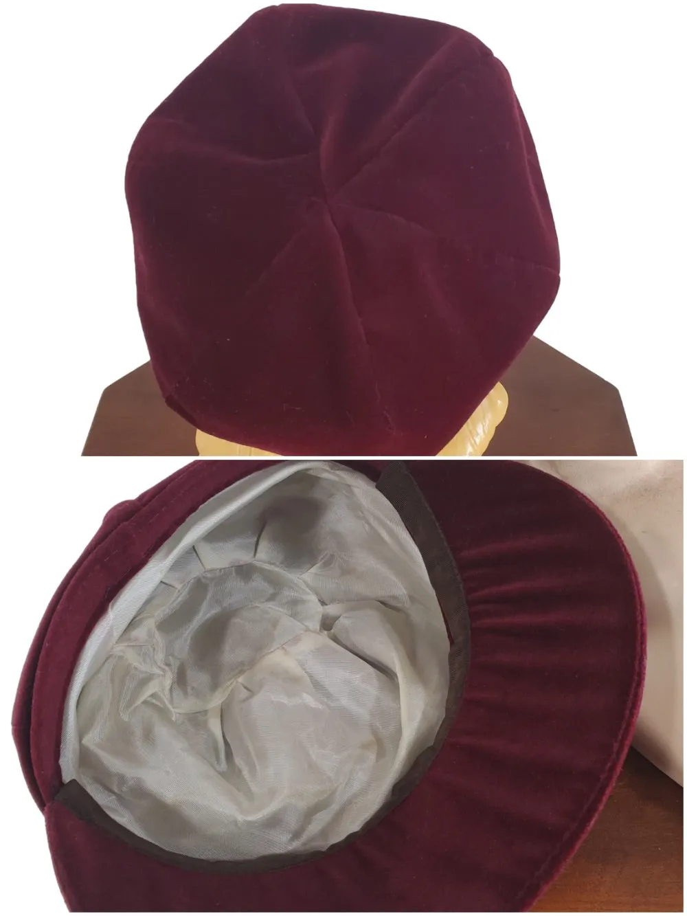 60s Burgundy Velvet Casquette or Gatsby Hat