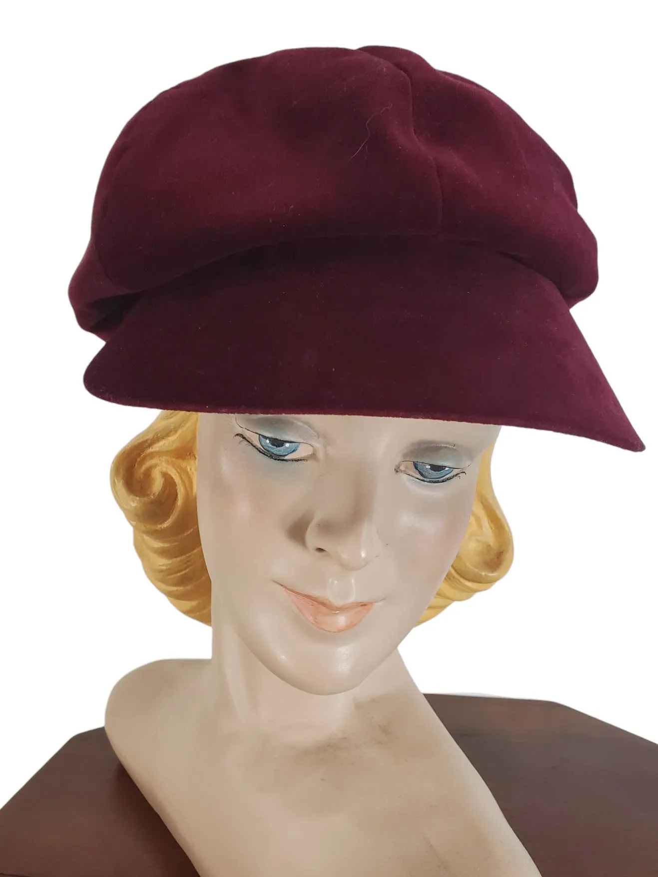 60s Burgundy Velvet Casquette or Gatsby Hat