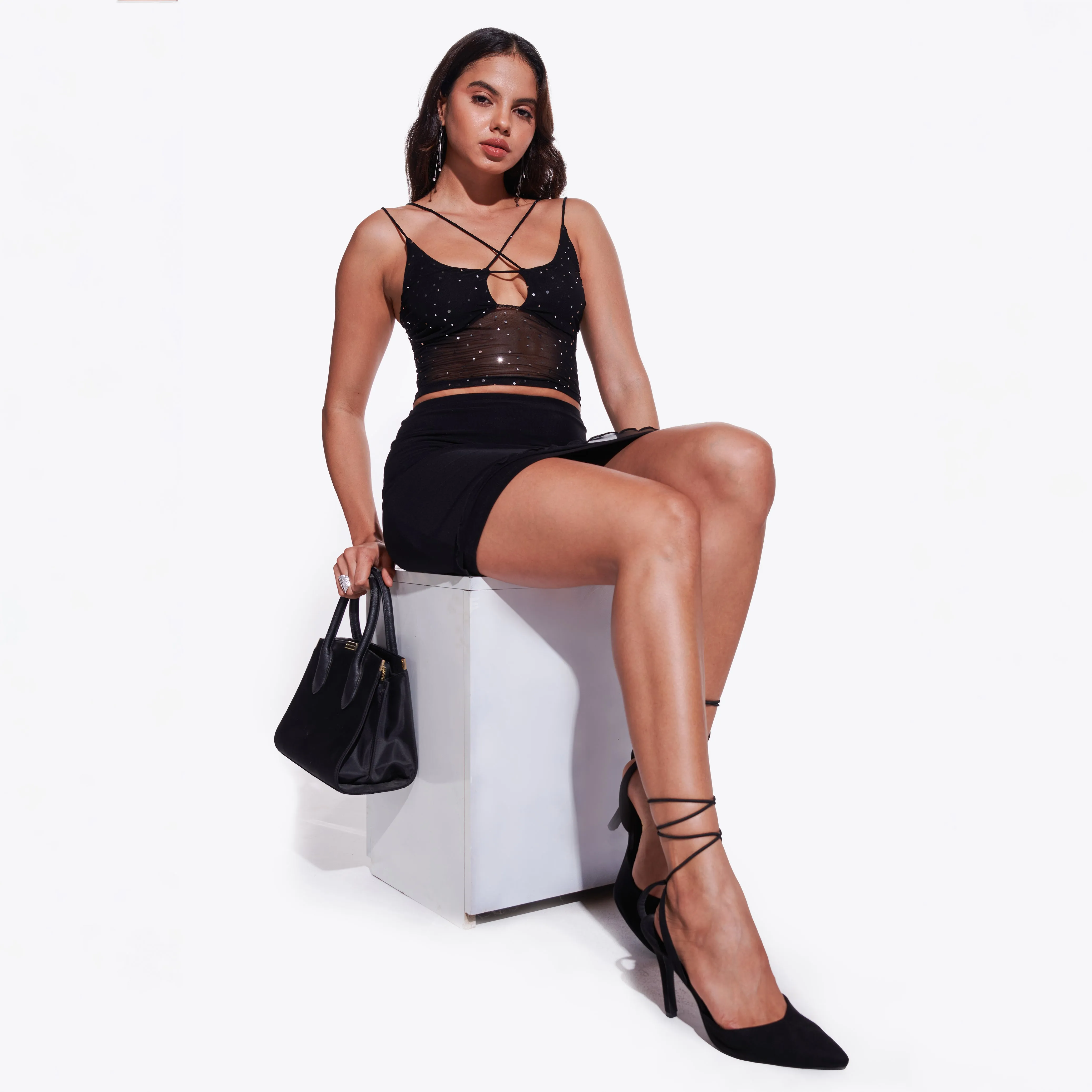 Black Sequin Mesh Tank Top
