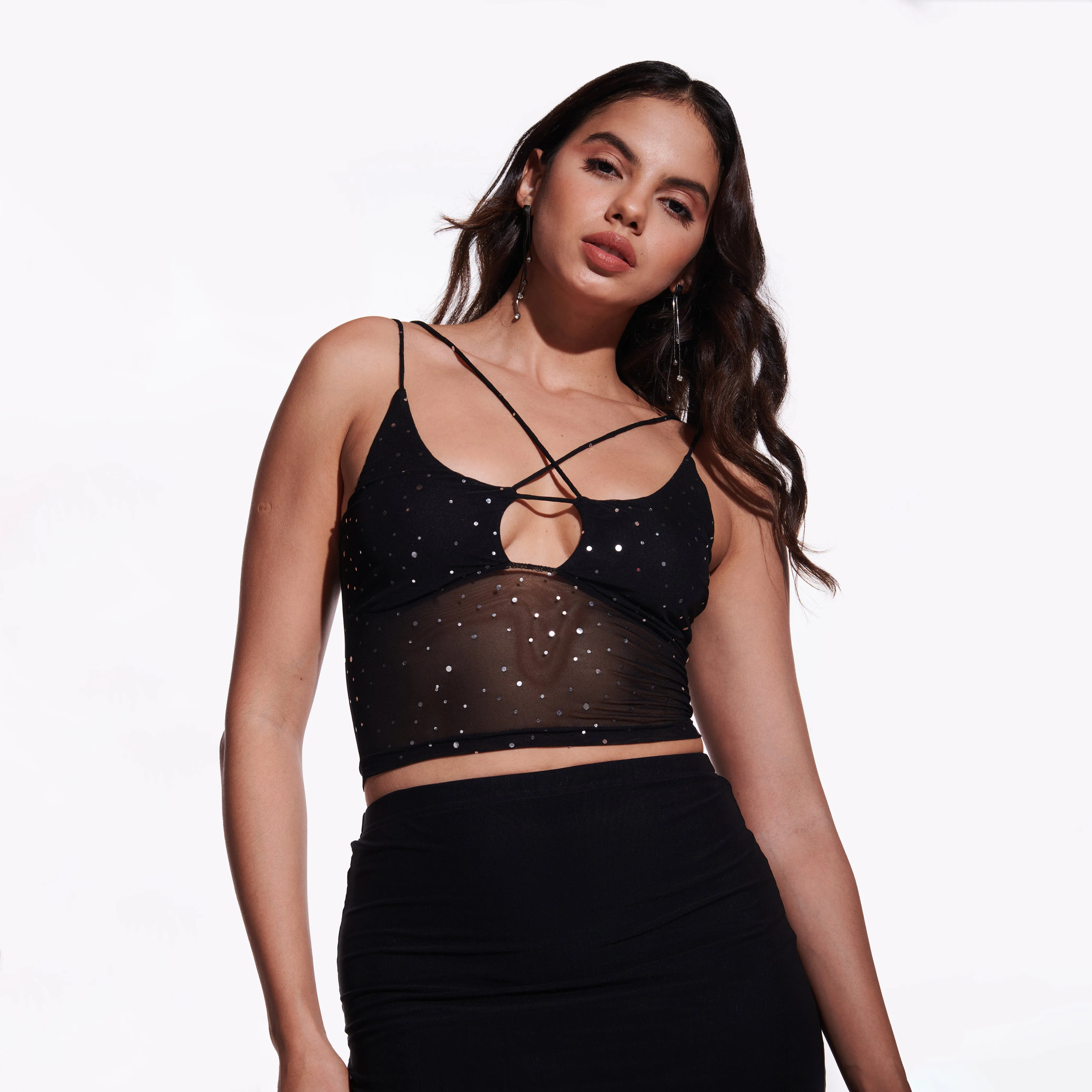 Black Sequin Mesh Tank Top