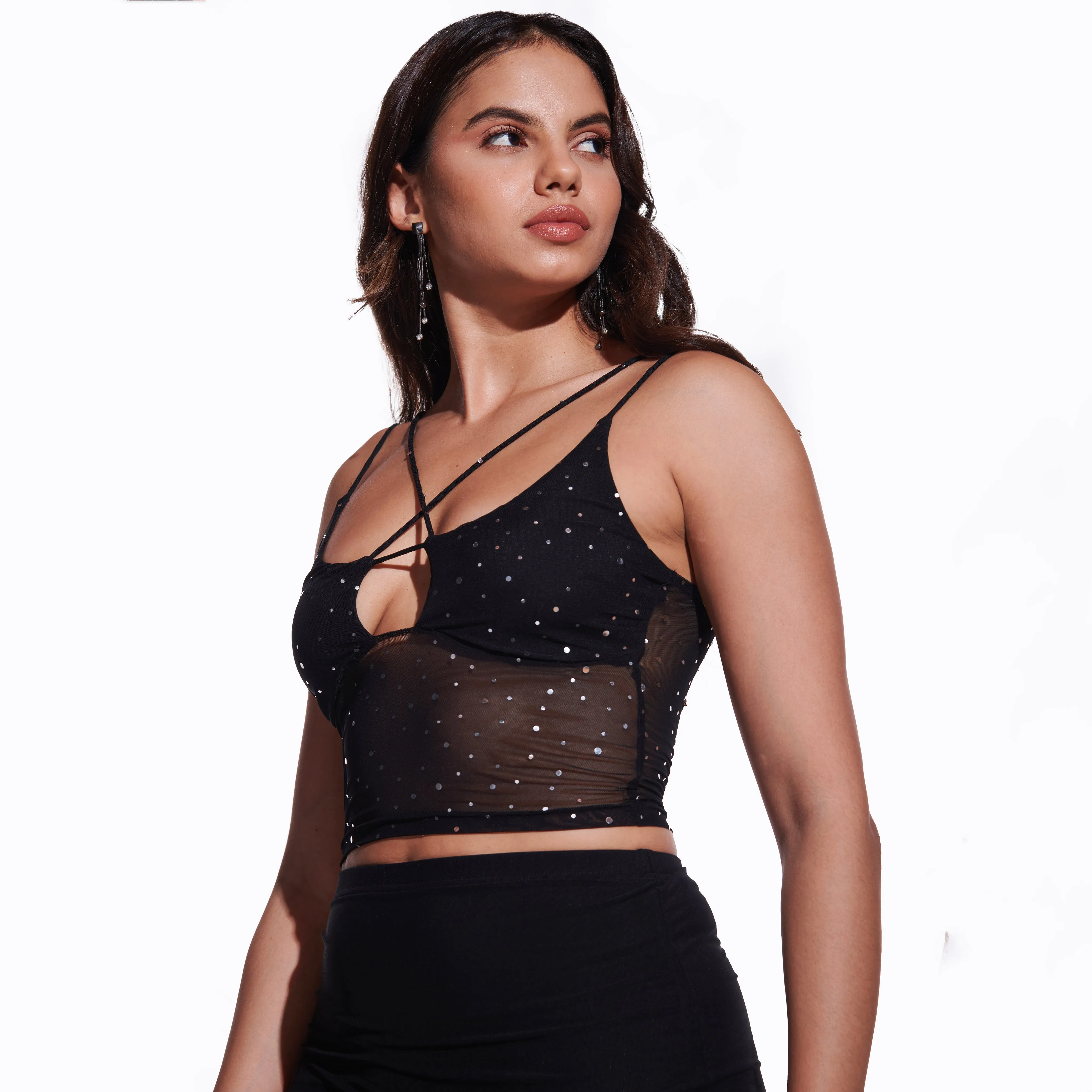 Black Sequin Mesh Tank Top