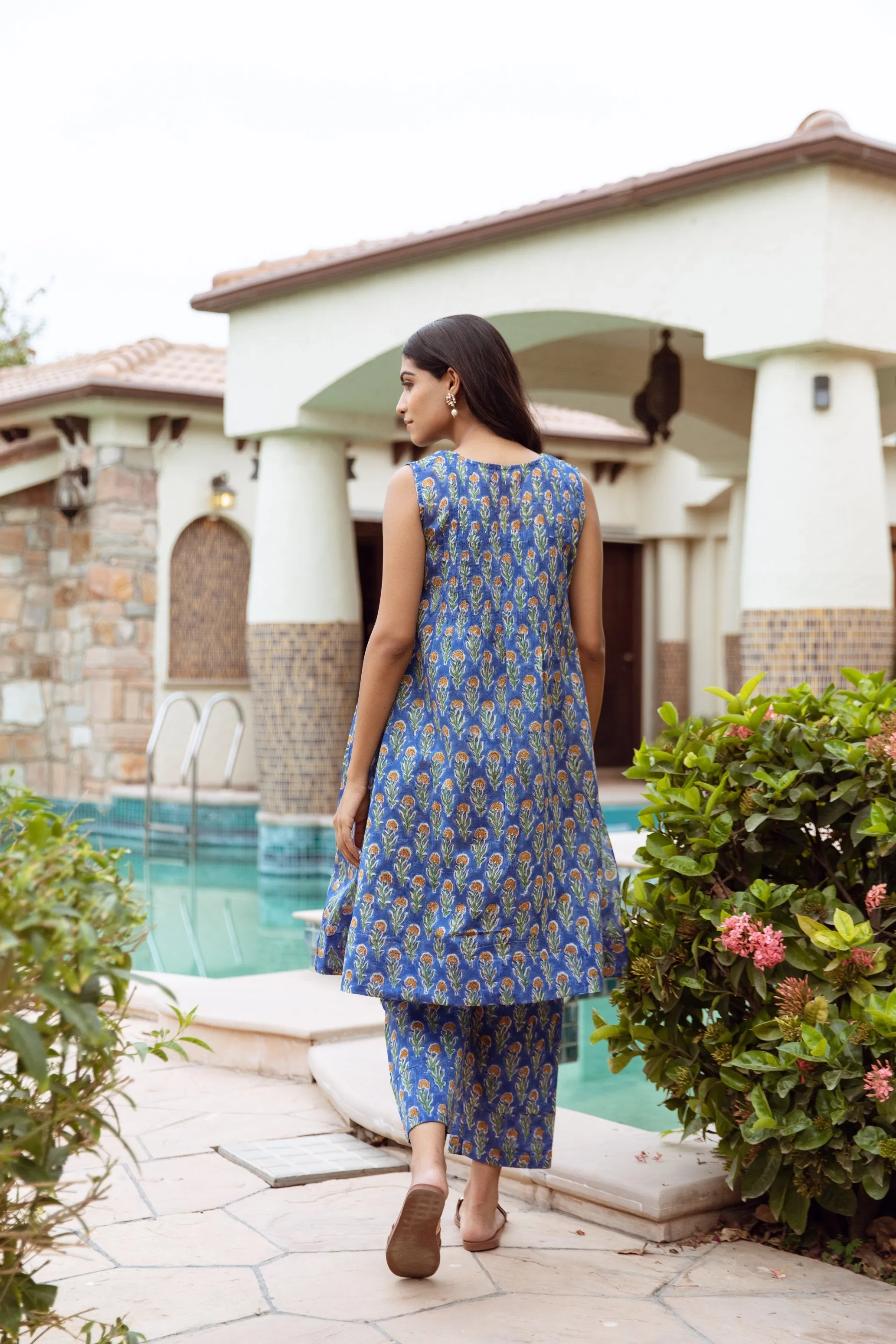 blue Handblock Chanderi A-line kurta style co-ord set