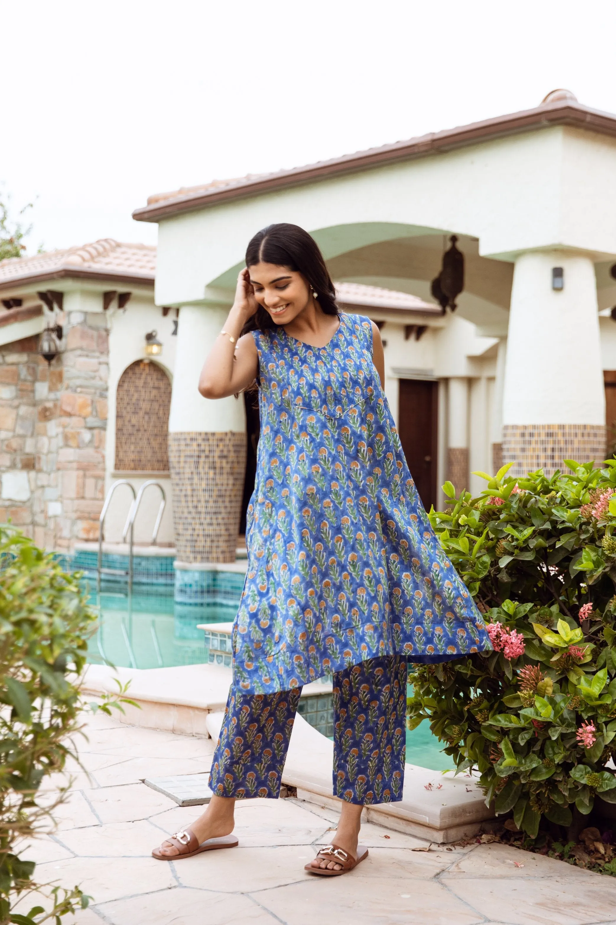 blue Handblock Chanderi A-line kurta style co-ord set