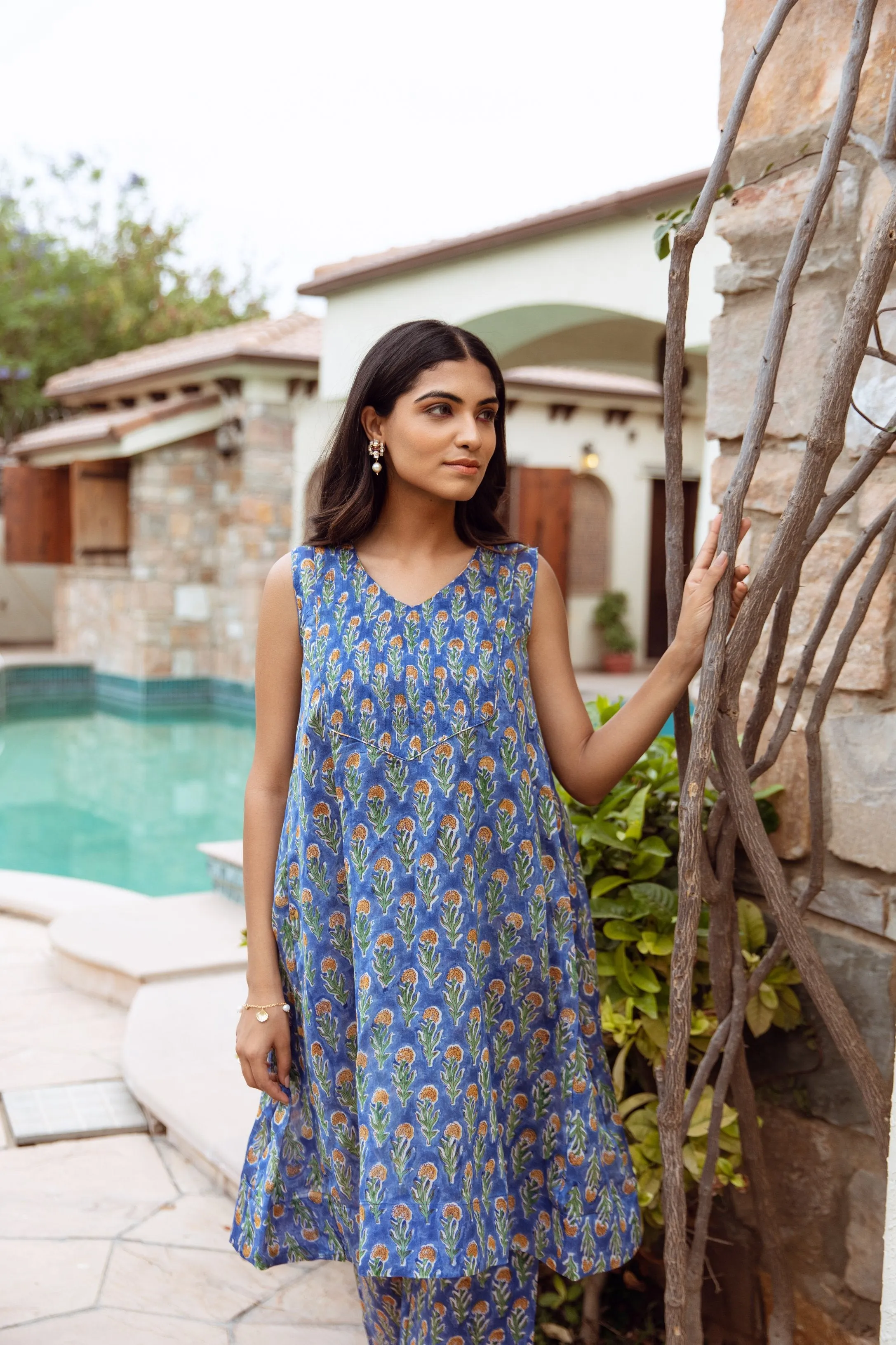 blue Handblock Chanderi A-line kurta style co-ord set