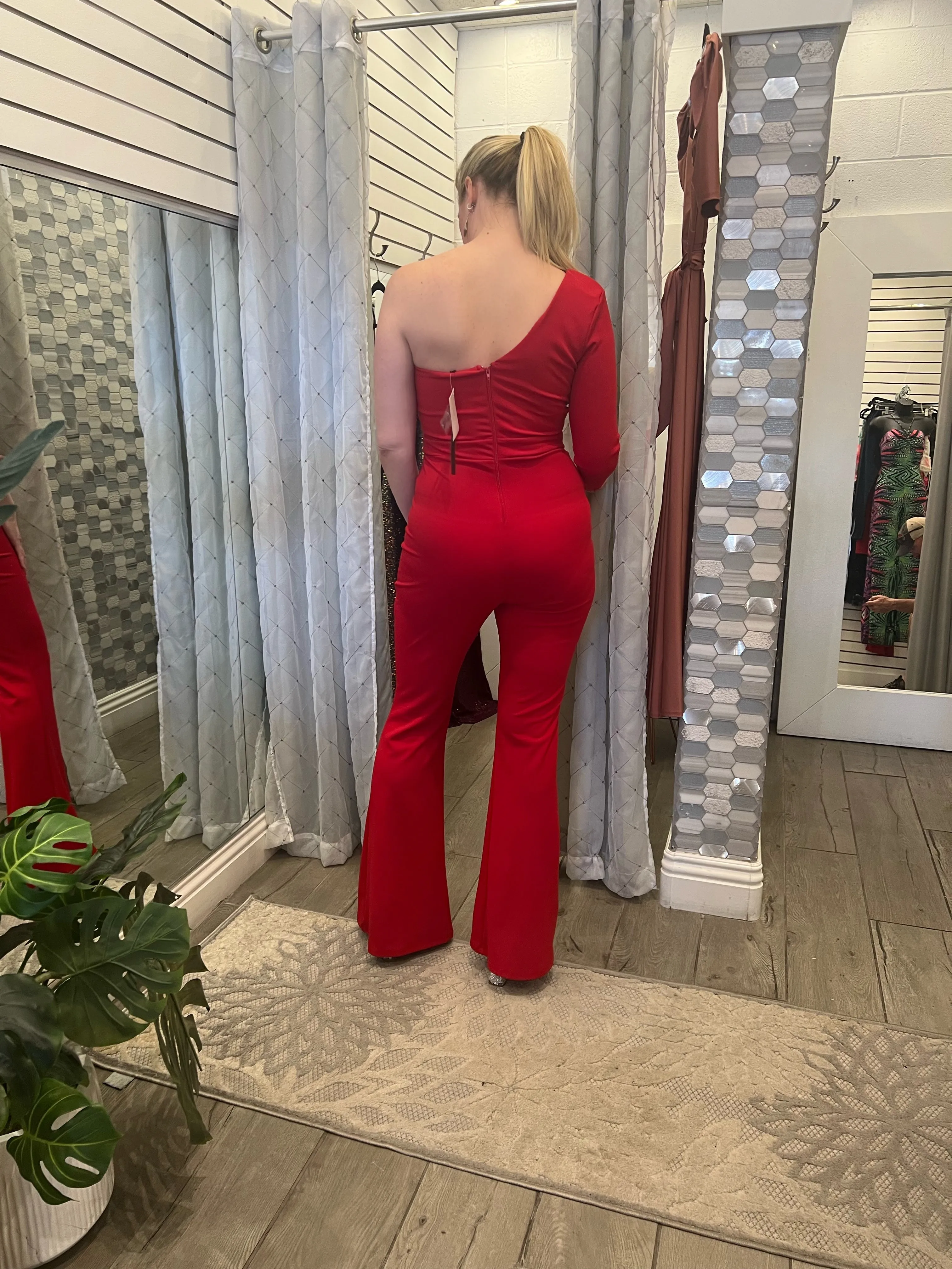 CONFIDENT One-Shoulder Rhinestone Slit Jumpsuit