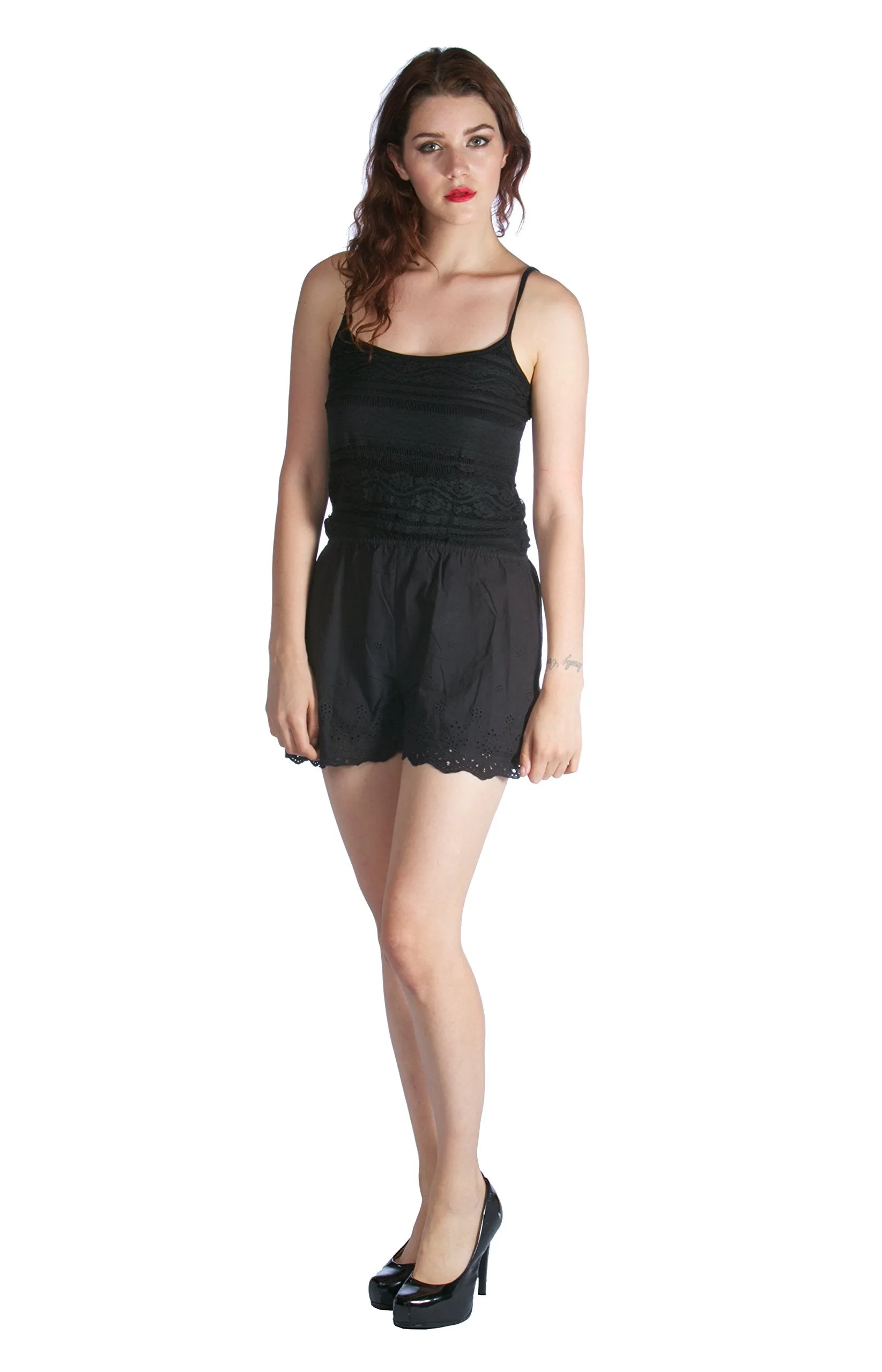 Cotton Sexy Lace Trim Romper with adjustable straps