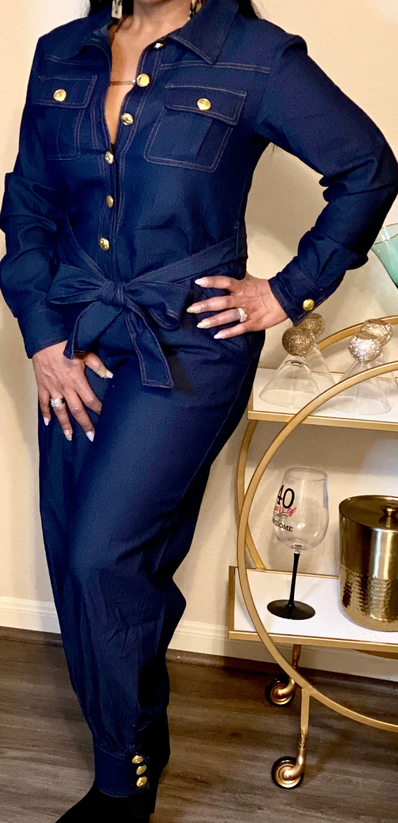 Gold  Button Denim Jumpsuit
