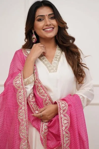 Ivory Heavy Muslin Silk Salwar Suit With Pink Chiffon Dupatta