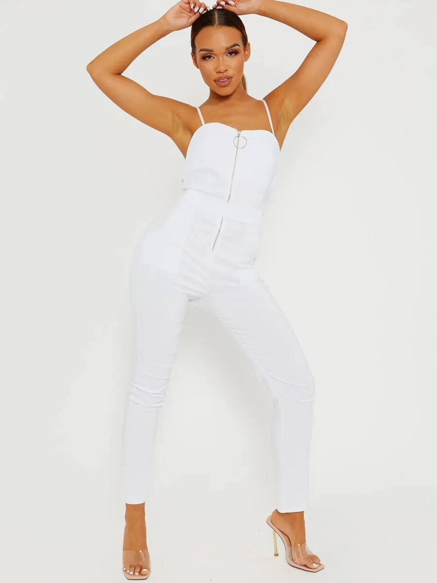 Keyra Zip Front Belted Cami Jumpsuit In White