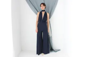 MADE IN ITALY Slinky Plunge Halter Neck Flared Jumpsuit