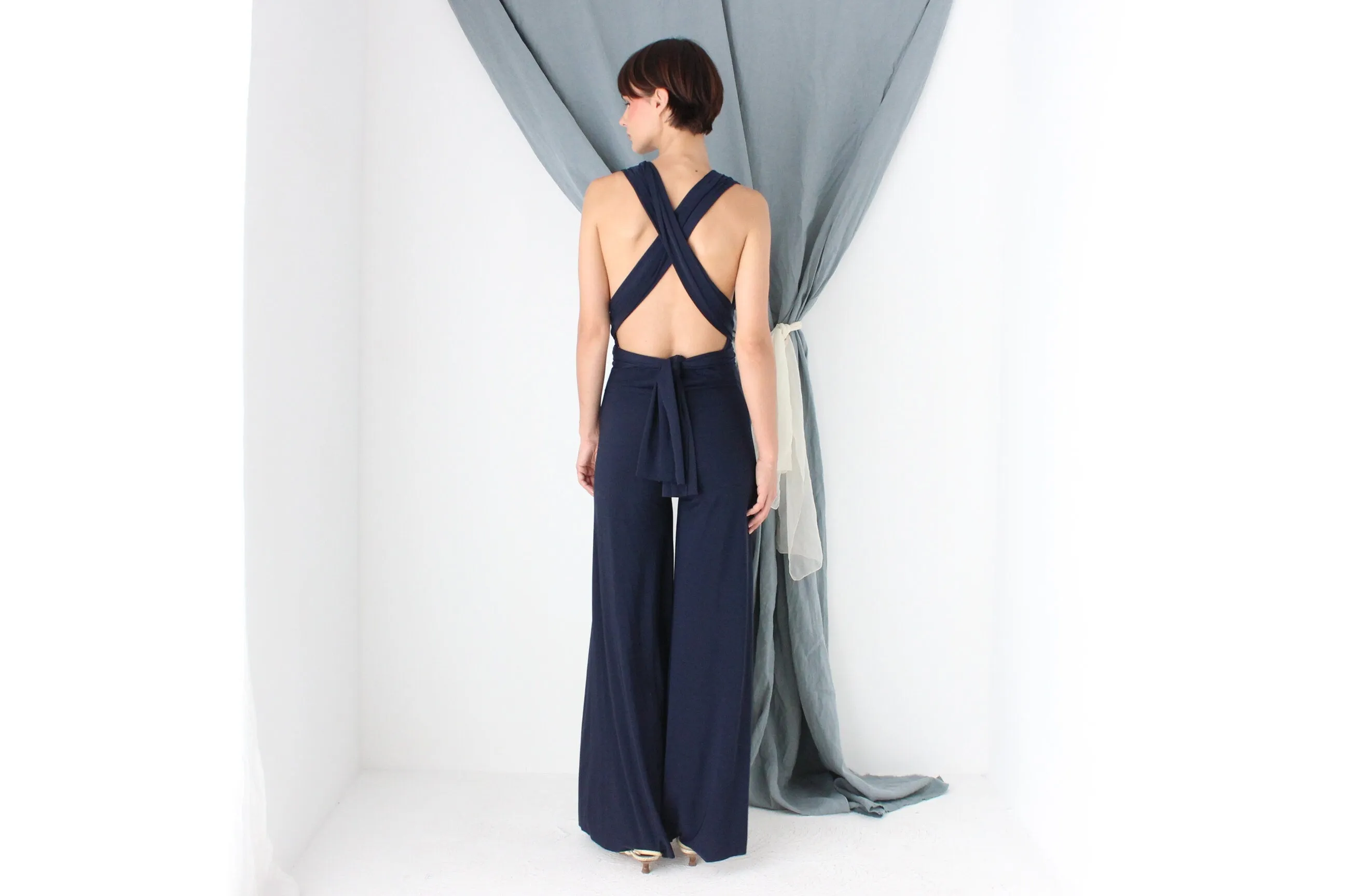 MADE IN ITALY Slinky Plunge Halter Neck Flared Jumpsuit