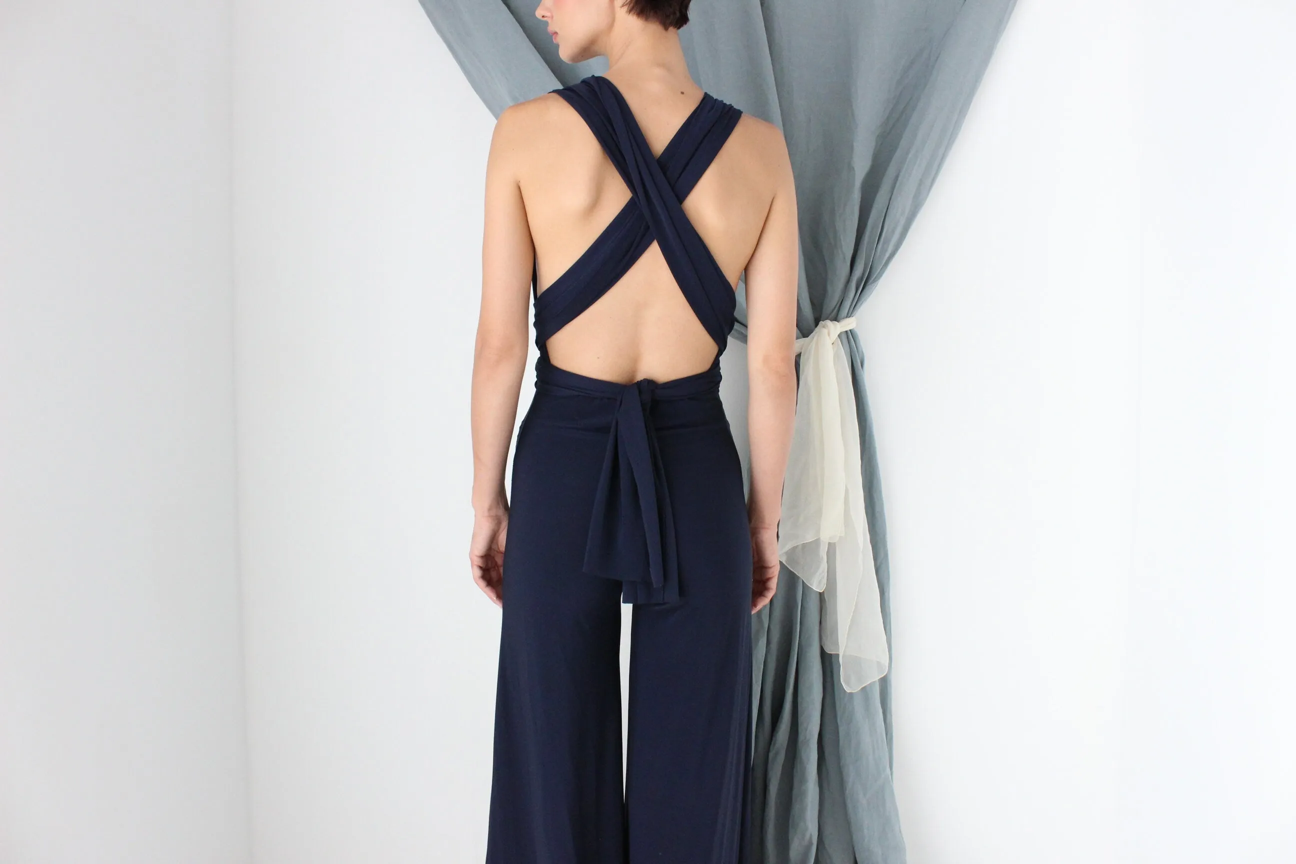 MADE IN ITALY Slinky Plunge Halter Neck Flared Jumpsuit