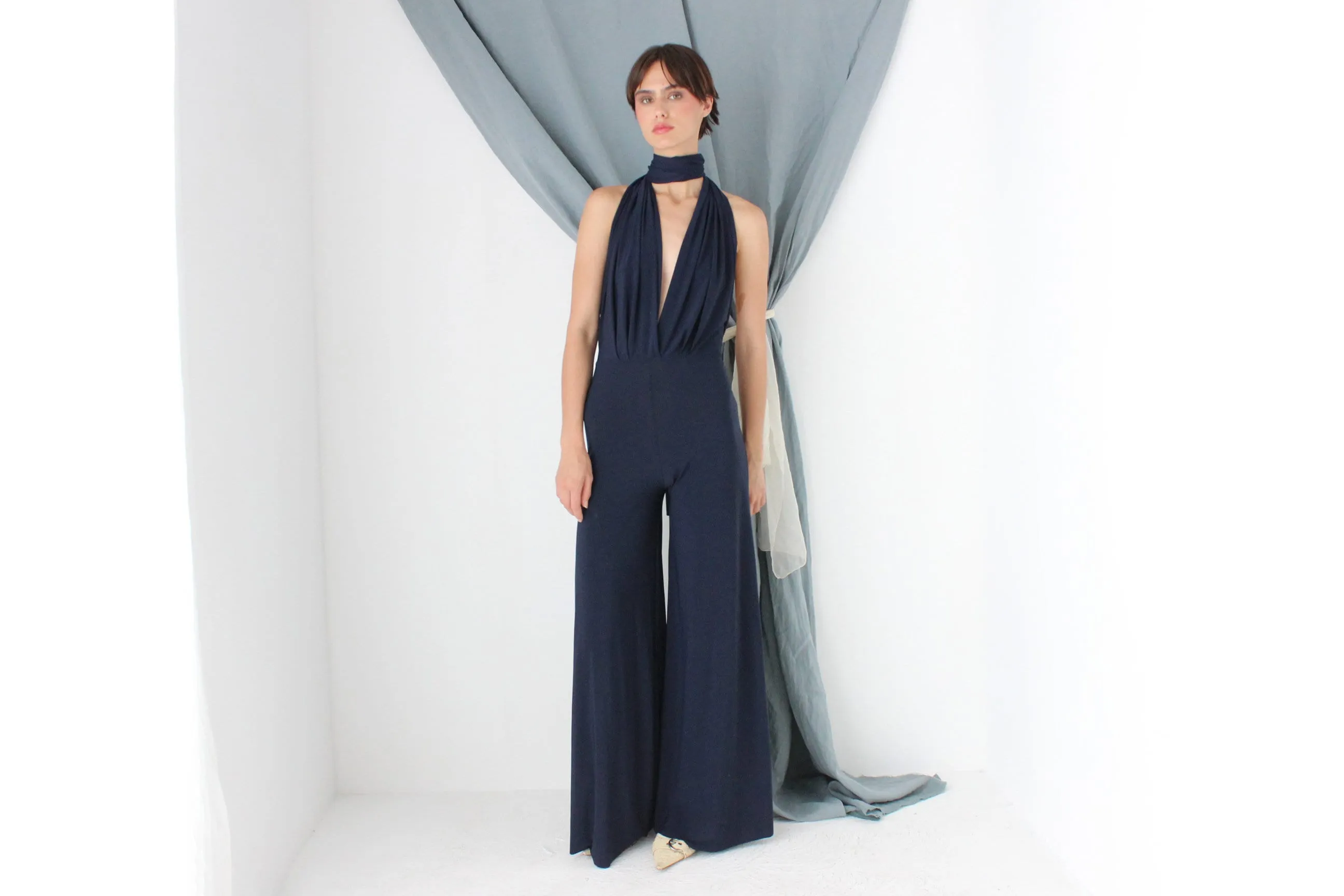 MADE IN ITALY Slinky Plunge Halter Neck Flared Jumpsuit