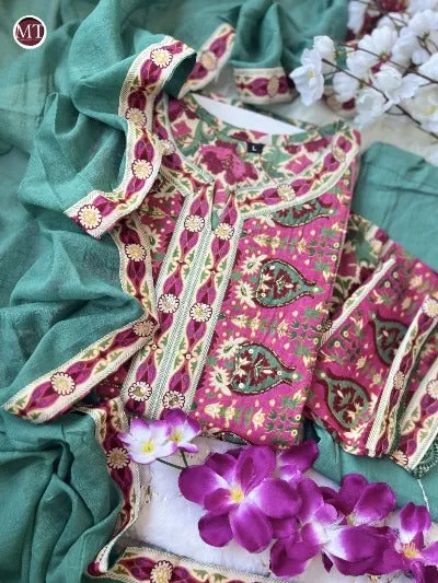 Pink & Green Cotton Printed Anarkali Suit Set