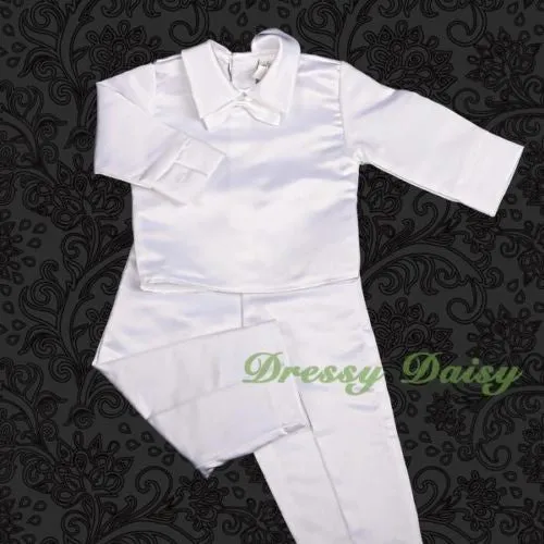 ST020 Baby Boys' 4 Pcs Satin Baptism Christening Suit With Bonnet Long Sleeves Infant Size 0-12 Months