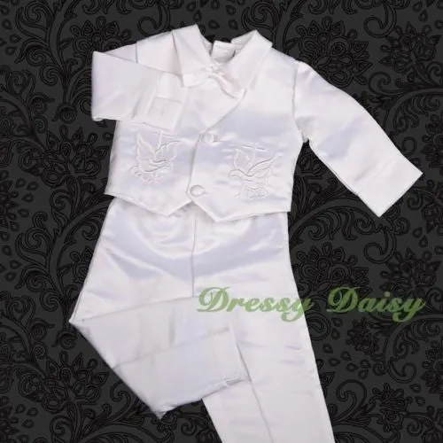ST020 Baby Boys' 4 Pcs Satin Baptism Christening Suit With Bonnet Long Sleeves Infant Size 0-12 Months