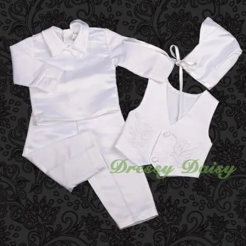 ST020 Baby Boys' 4 Pcs Satin Baptism Christening Suit With Bonnet Long Sleeves Infant Size 0-12 Months