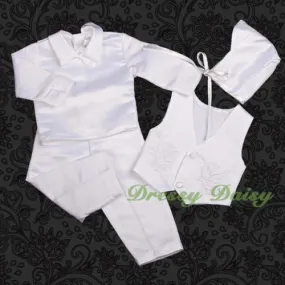 ST020 Baby Boys' 4 Pcs Satin Baptism Christening Suit With Bonnet Long Sleeves Infant Size 0-12 Months
