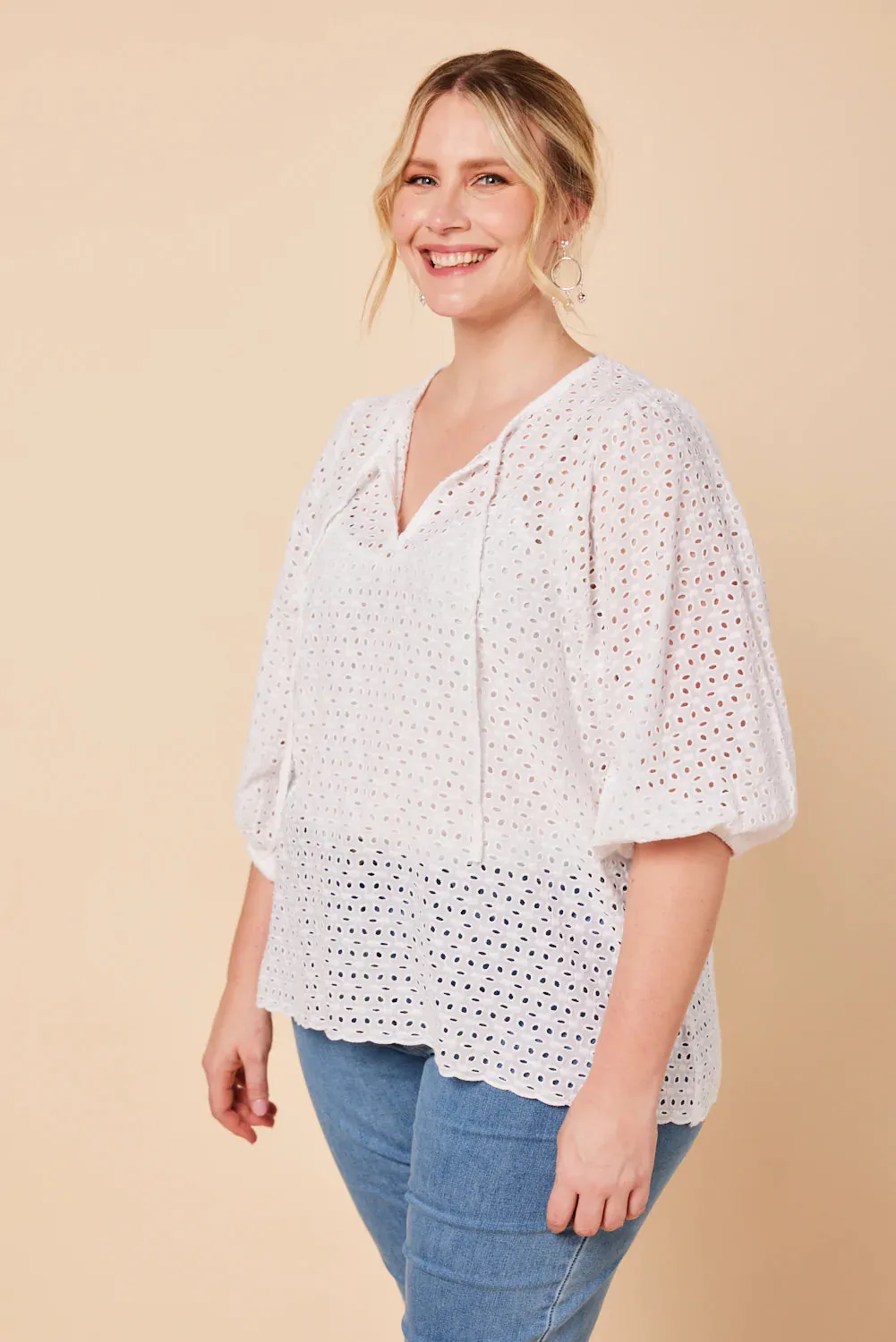 Sylvie Billow Sleeve Top (White Broderie)