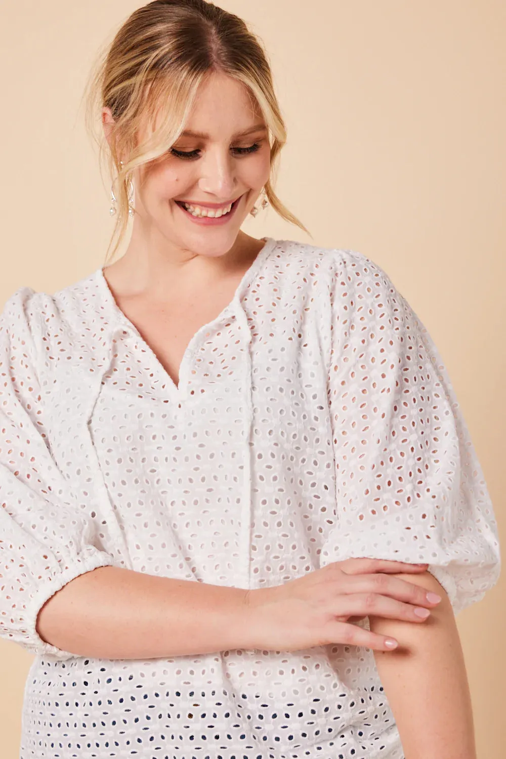 Sylvie Billow Sleeve Top (White Broderie)