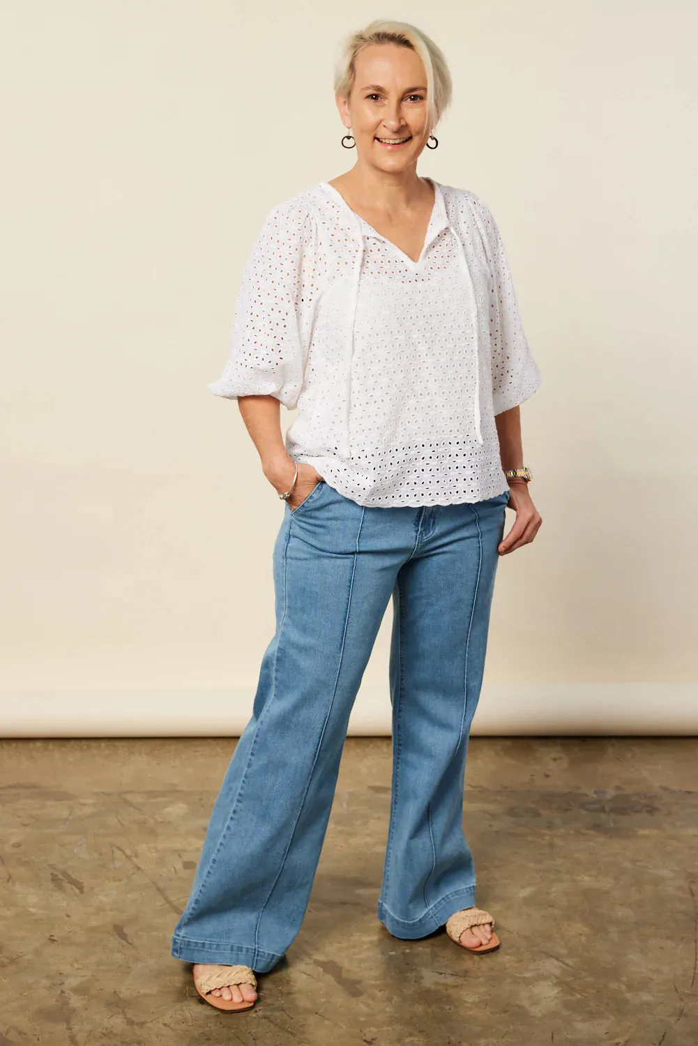 Sylvie Billow Sleeve Top (White Broderie)