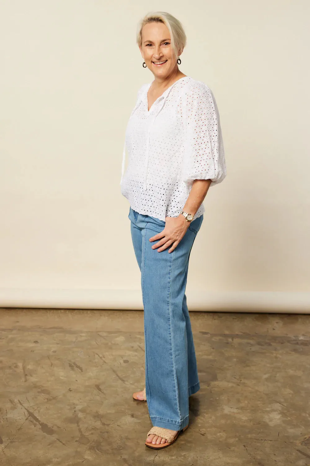 Sylvie Billow Sleeve Top (White Broderie)
