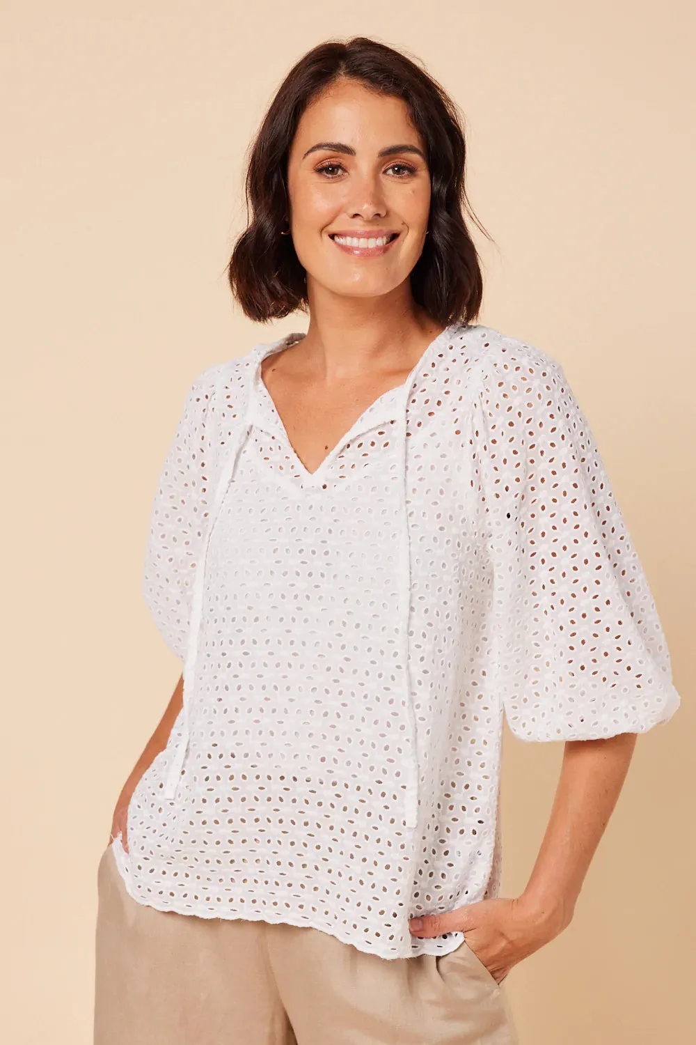 Sylvie Billow Sleeve Top (White Broderie)