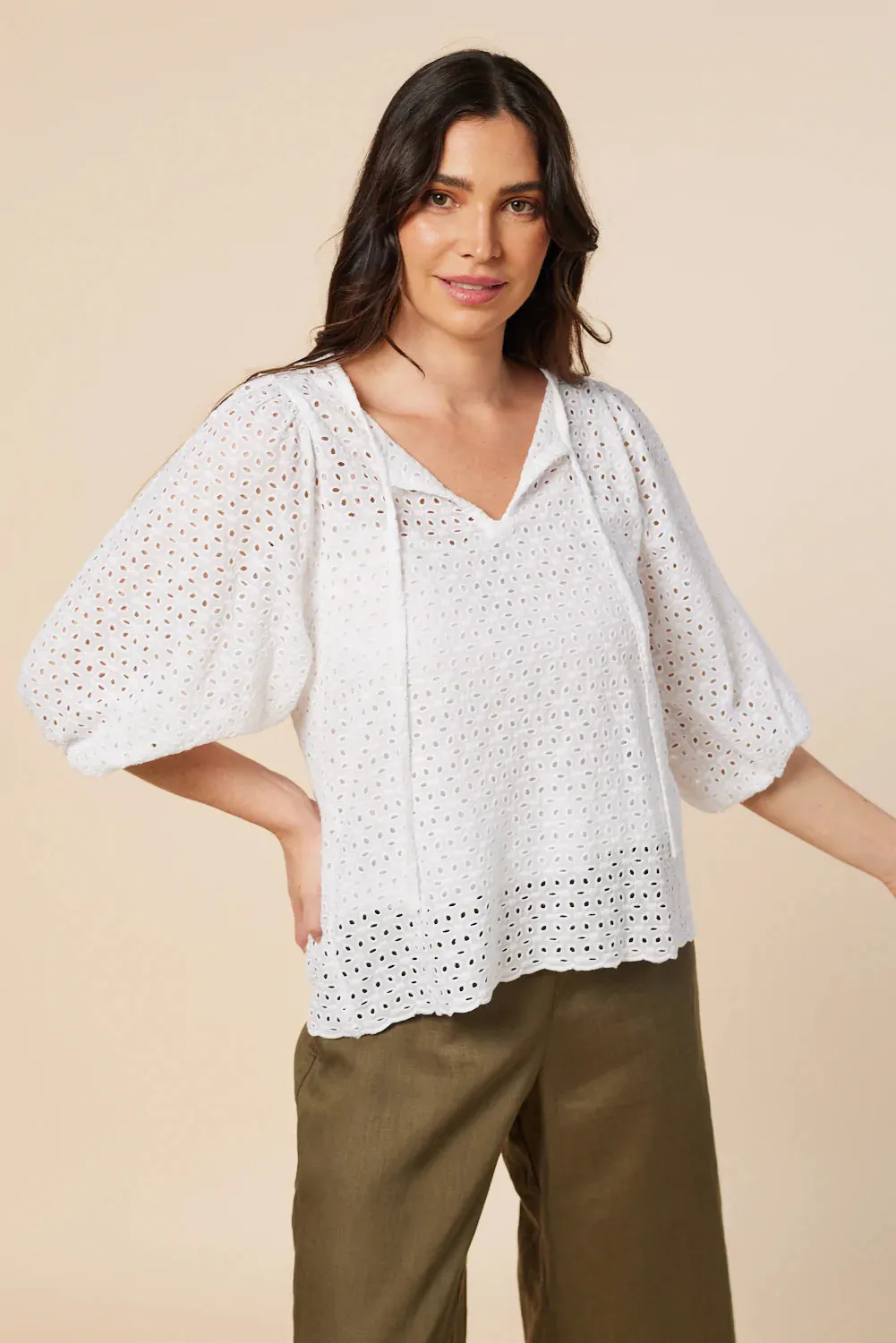 Sylvie Billow Sleeve Top (White Broderie)