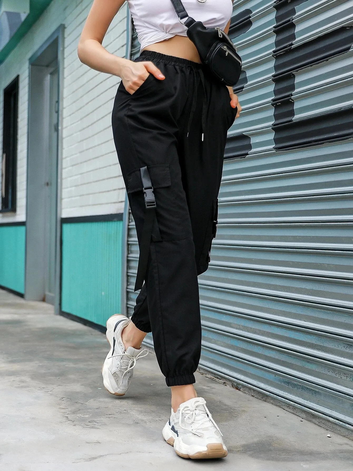 Tape Drawstring Waist Cargo Pants