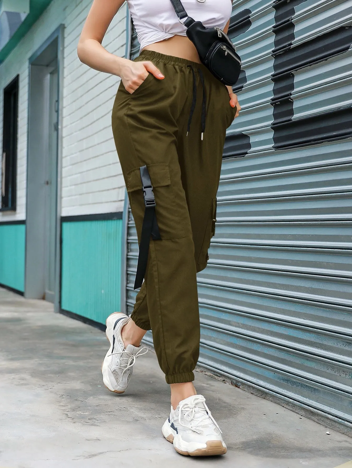 Tape Drawstring Waist Cargo Pants