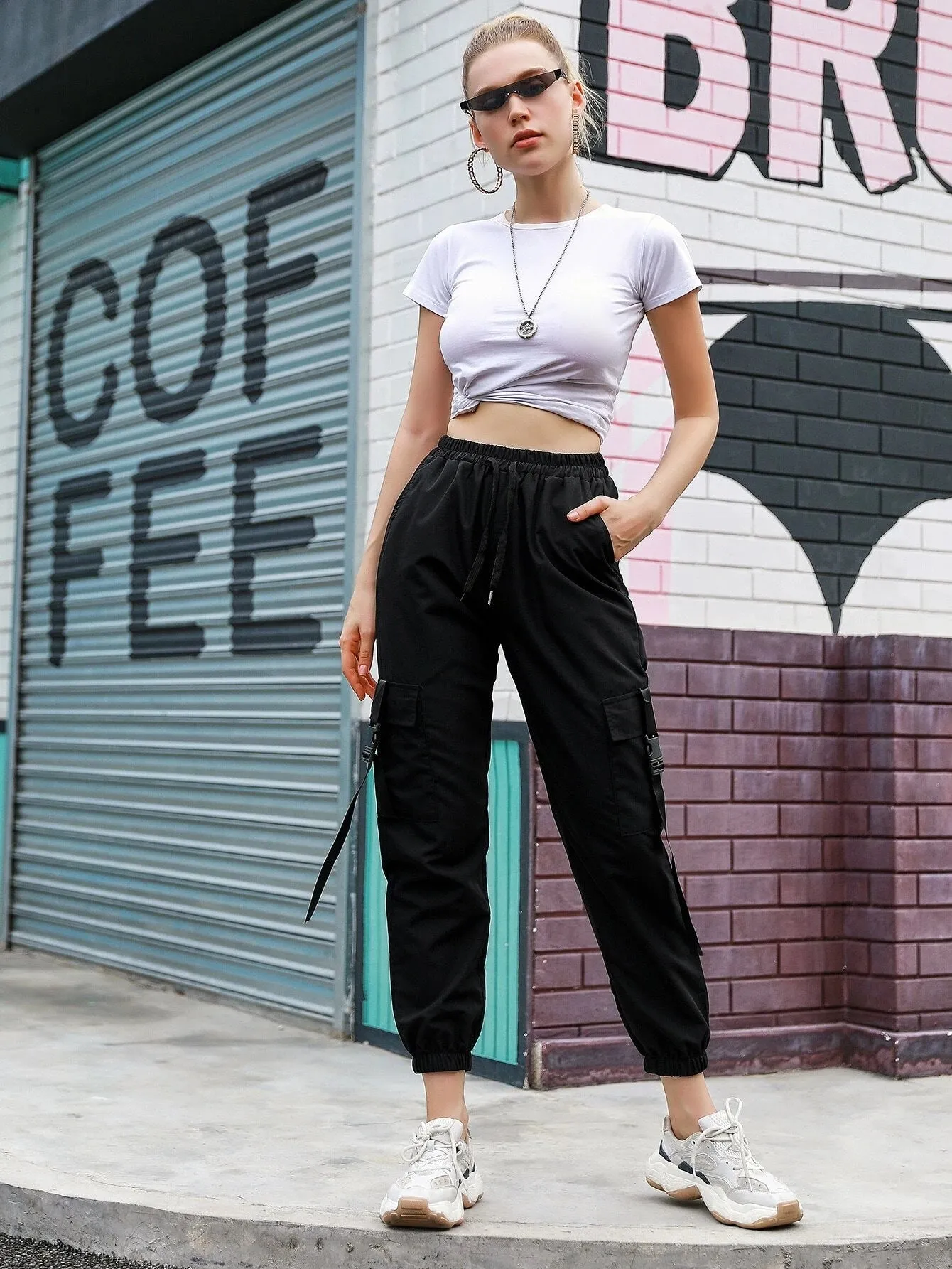 Tape Drawstring Waist Cargo Pants