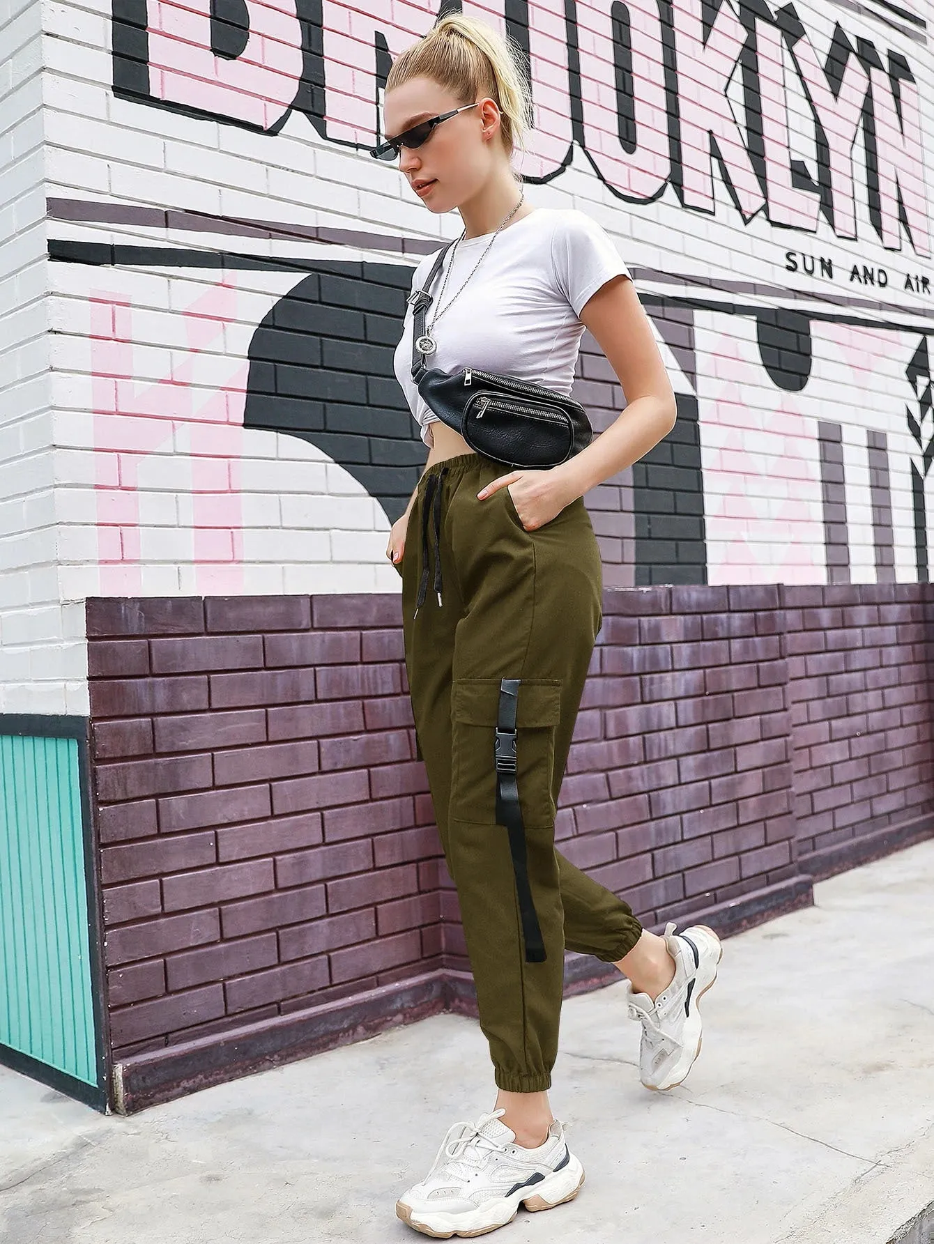Tape Drawstring Waist Cargo Pants