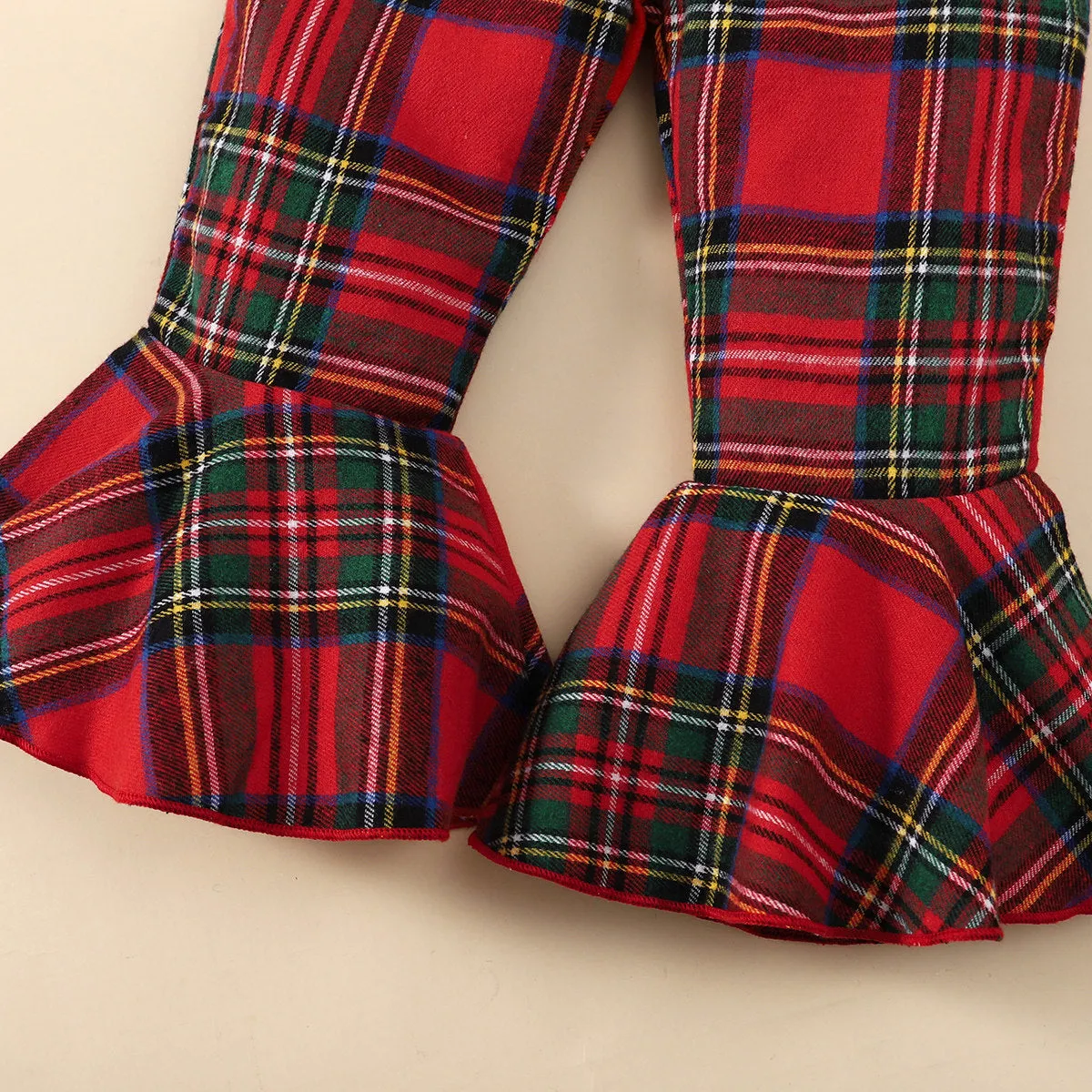 Toddler Girls Solid Color Long-sleeved Tops Plaid Print Flared Pants Set
