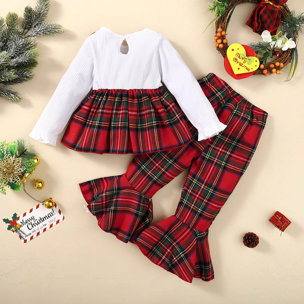 Toddler Girls Solid Color Long-sleeved Tops Plaid Print Flared Pants Set