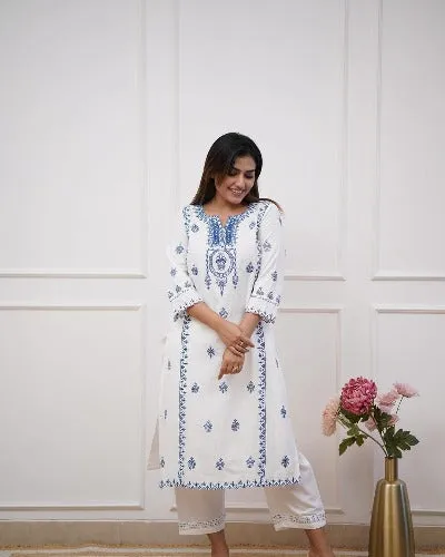 White Cotton Embroidered  Kurti Pant Set Of 2
