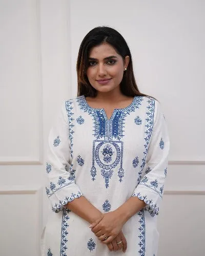 White Cotton Embroidered  Kurti Pant Set Of 2