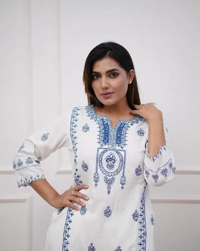 White Cotton Embroidered  Kurti Pant Set Of 2