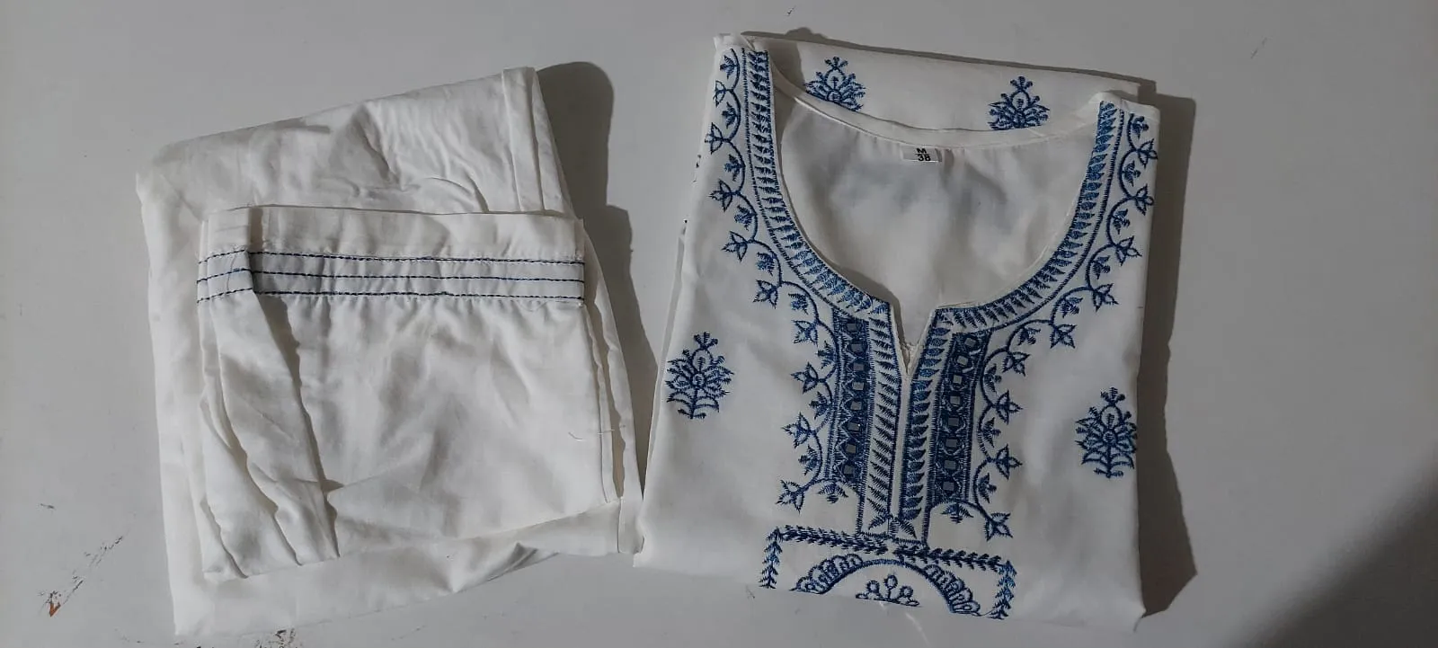 White Cotton Embroidered  Kurti Pant Set Of 2